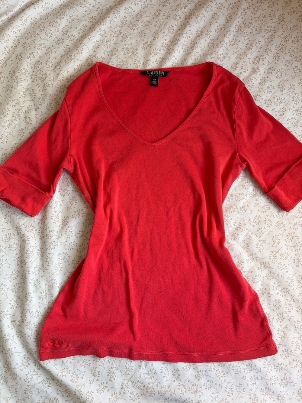 Lauren Ralph Lauren Coral-Red V-Neck Short Sleeve Top